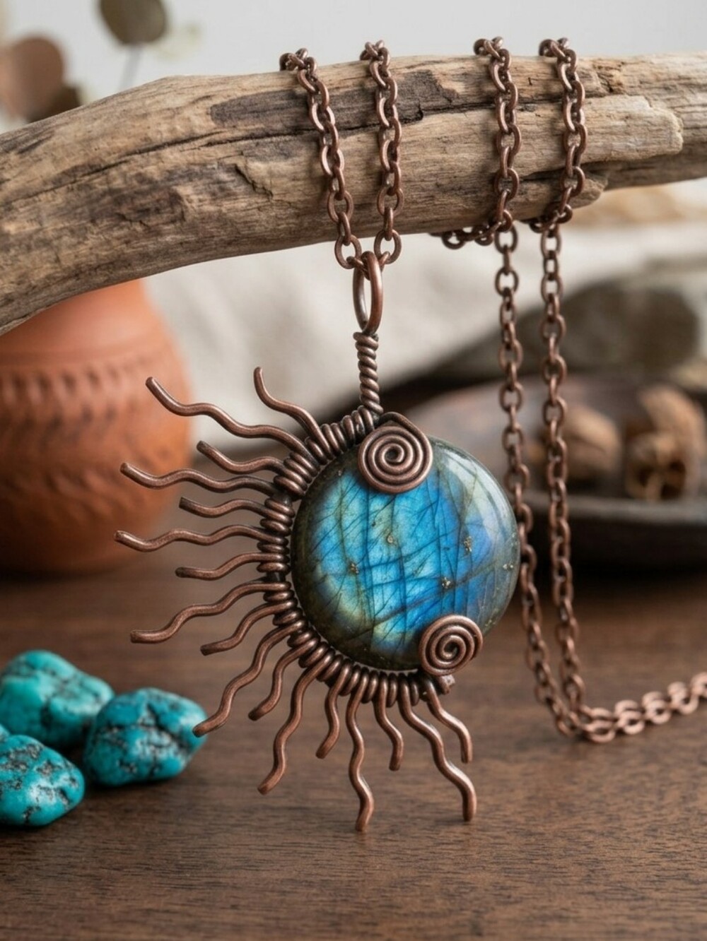 Copper Wire Wrapped Labradorite Sun Pendant Necklace Celestial Bohemian Witchy
